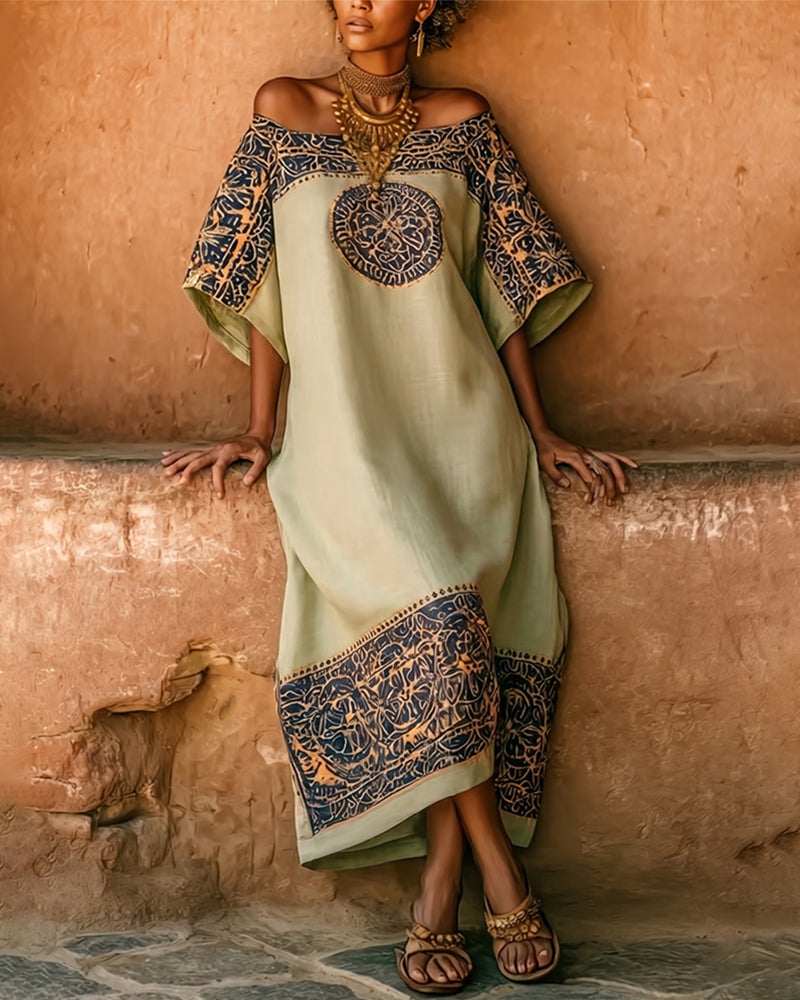 Ethnic Print Off-Shoulder Long Dress