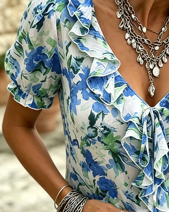 V-Neck Ruffle Bubble Sleeve Blouse