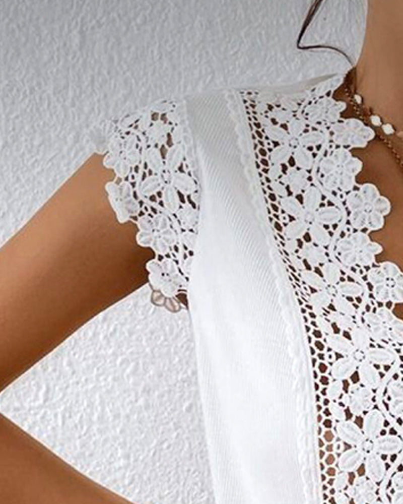 Lace V-Neck Spliced Hollow Out Blouse
