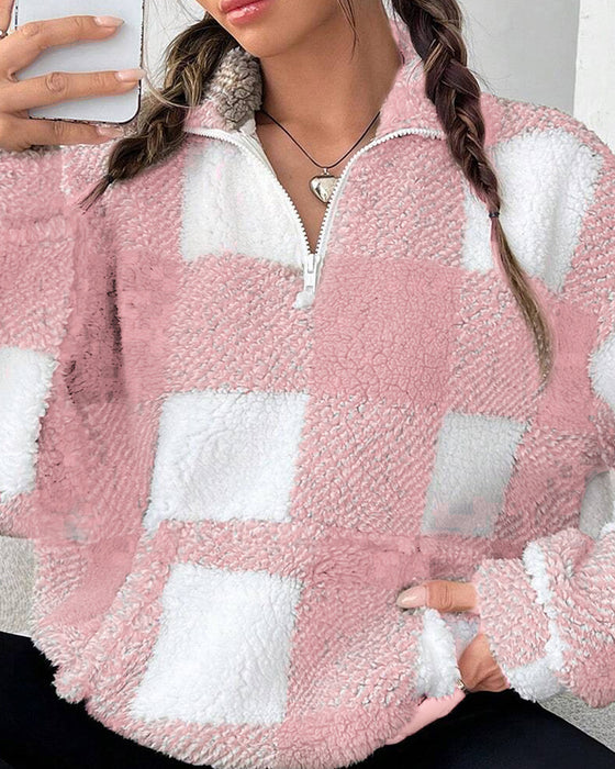 Half-Zip Stand Collar Plaid Sweatshirt