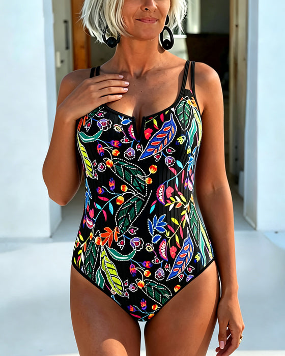 Floral High Waist Double Thin Strap One Piece