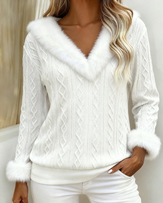 Plush V-Neck Spliced Long-Sleeved Top