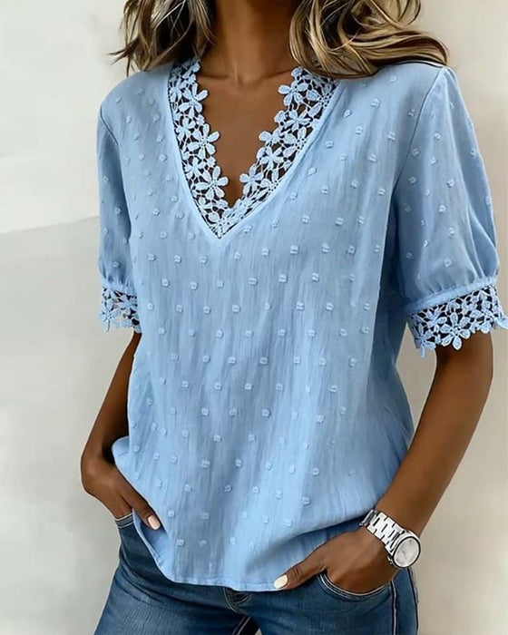 Lace V-Neck 3D Floral Solid Blouse