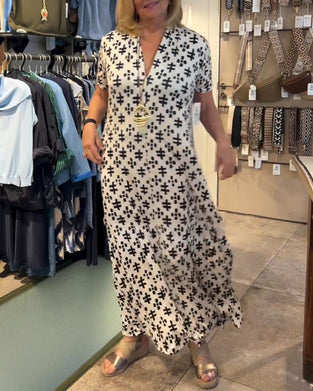V-neck short-sleeved casual printed long dress