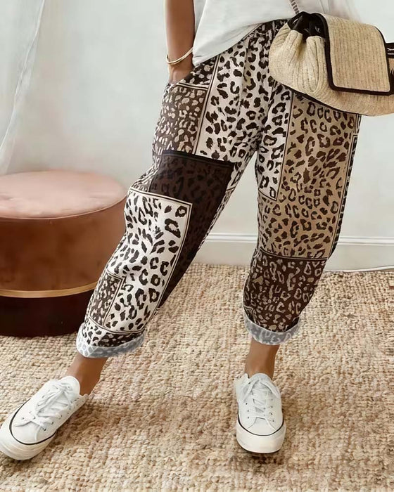 Leopard Print Plaid Contrast Patchwork Casual Pants