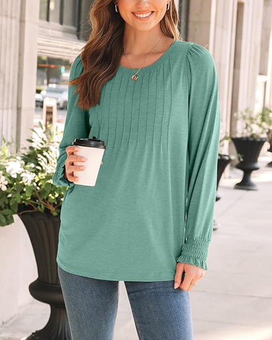 Balloon Sleeve Crewneck Pleated Top