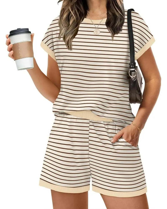 Crew Neck Striped Elastic Waist Tie Set
