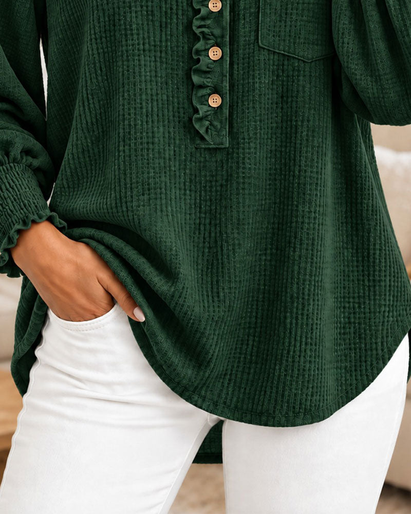 Ruffled Buttoned Lantern Sleeve Blouse