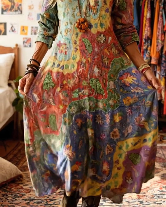 Oil Painting-Style V-Neck Dress