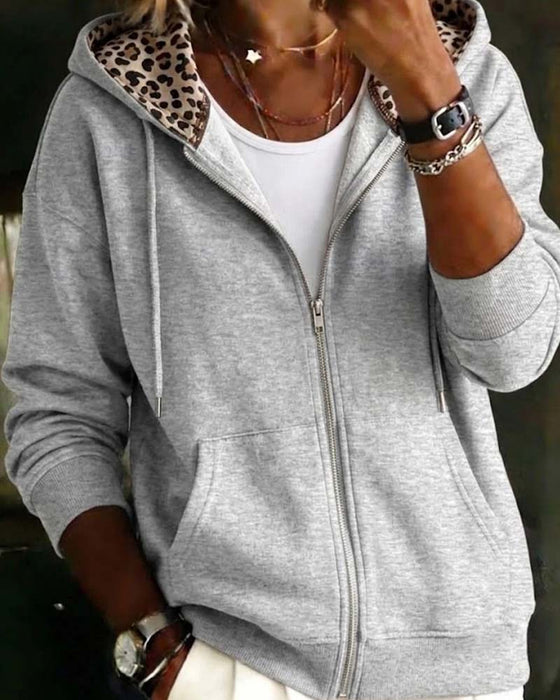 Hooded Leopard Print Zip Pocket Coat