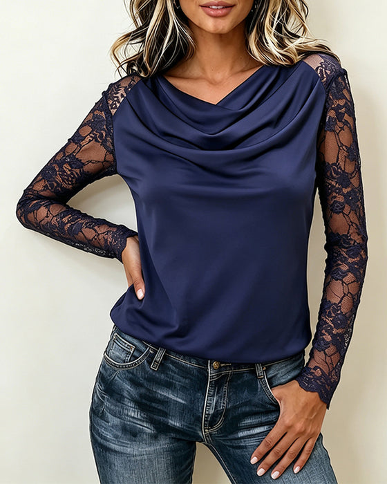 Cowl Neck Lace Panel Long Sleeve Blouse