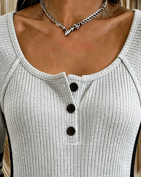 U-Neck Button Contrast Color Blouse