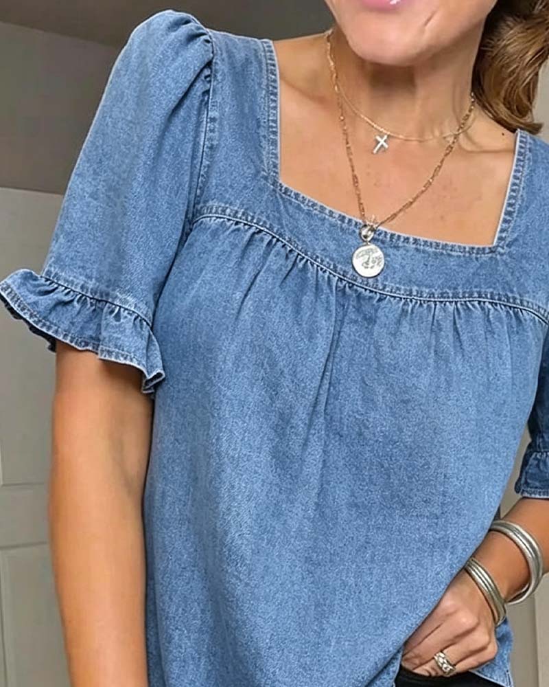 Square Neck Ruffle Denim Blouse
