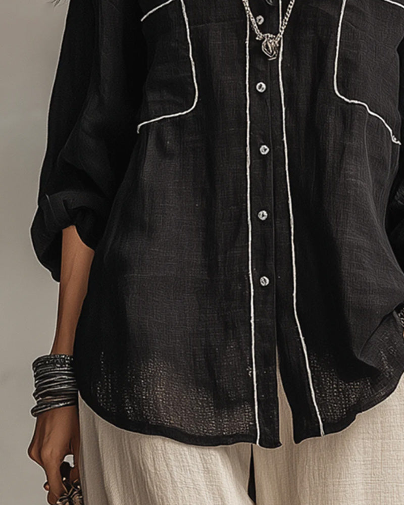 V-Neck Contrast Line Relaxed Shirt