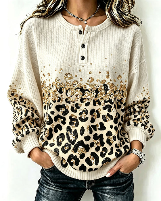 Round Neck Buttoned Leopard Print Sweatshirt