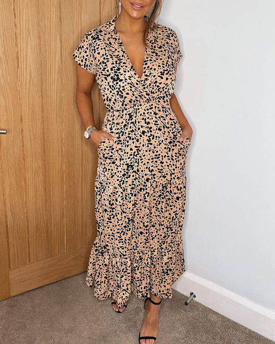V-Neck Leopard Print Ruffle Pocket Waist Dress