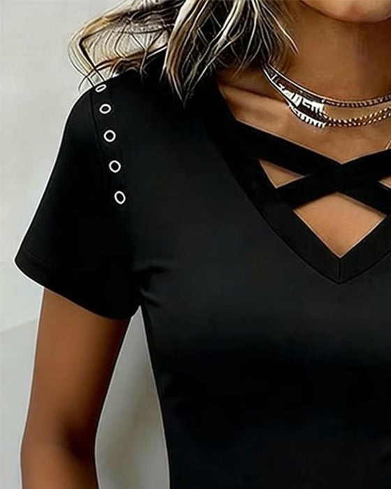 Cross Strap Hollow Out Slim Fit T-Shirt