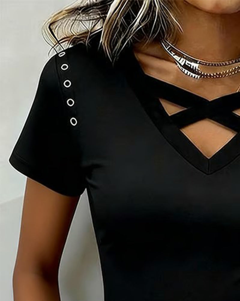 Cross Strap Hollow Out Slim Fit T-Shirt
