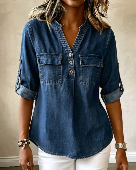 Denim V-Neck Casual Blouse