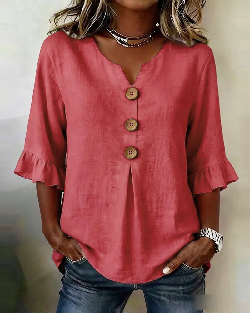 Solid-Color Cotton-Linen Wooden Buttons Ruffles Blouses