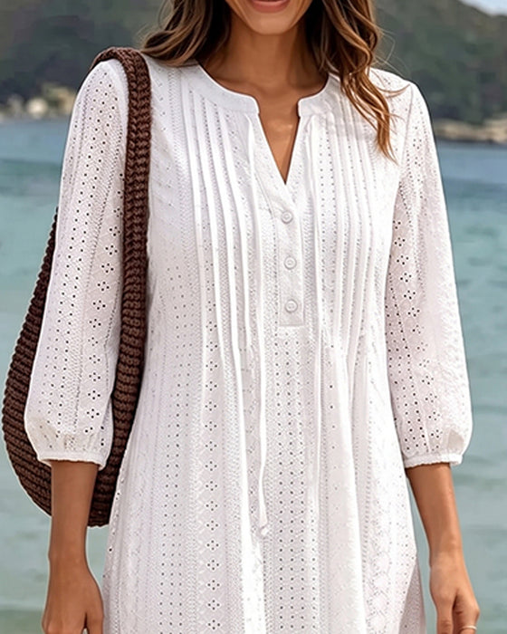 Solid V‑Neck Shirred Cutout Dress