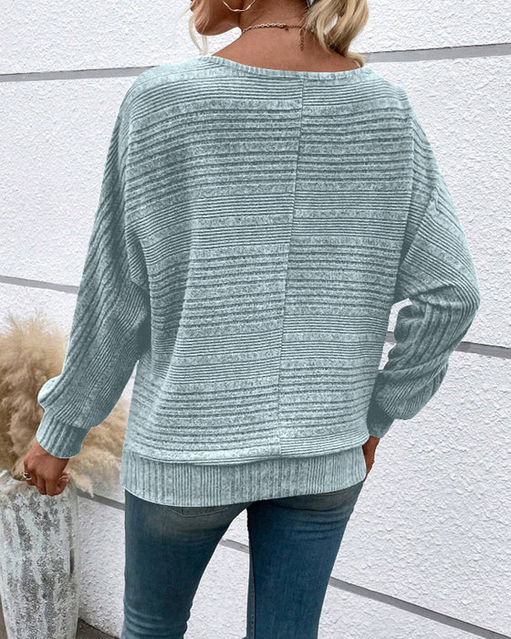 Solid Color Round Neck Long Sleeve Striped Top