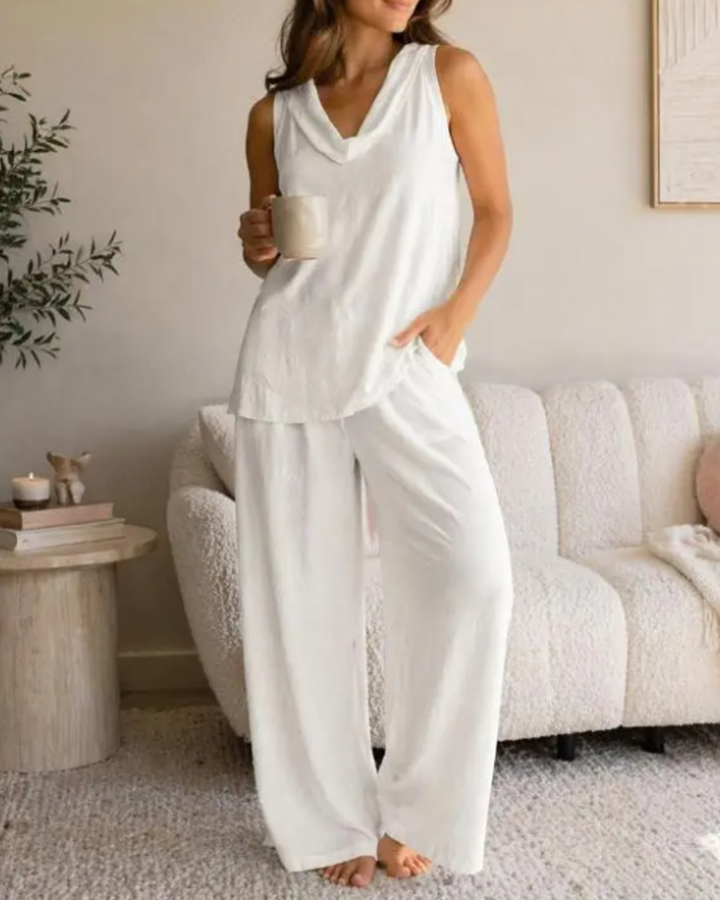 V-Neck Solid Color Sleeveless Suit