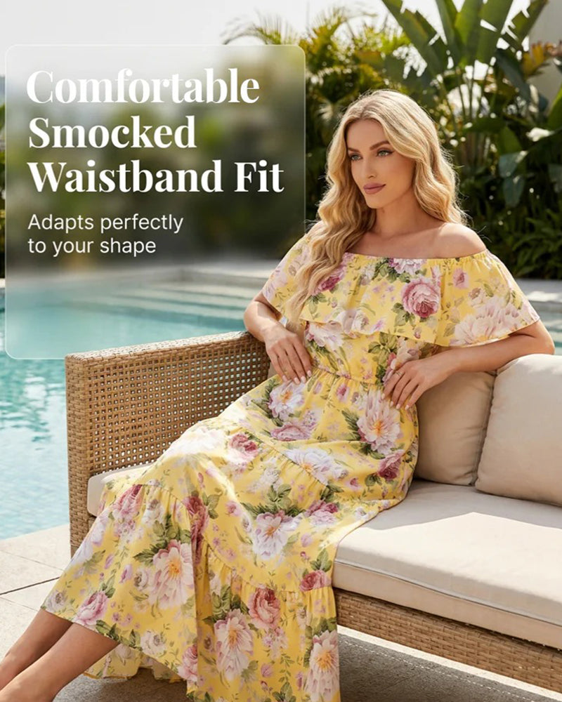 Off-the-Shoulder Floral Waist-Cinching Dress