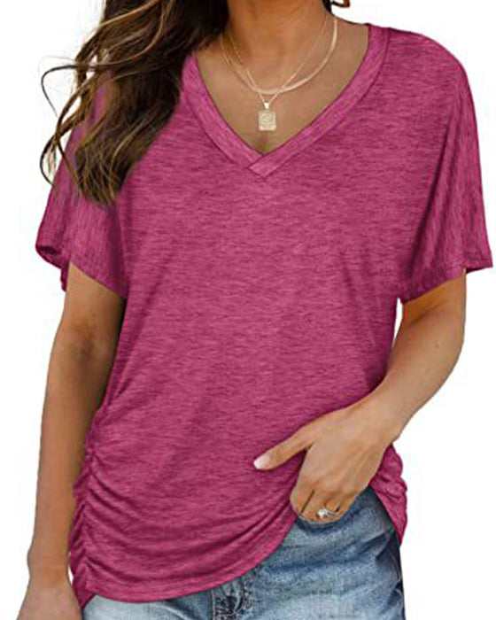 Pleated Solid Color V-Neck T-Shirt