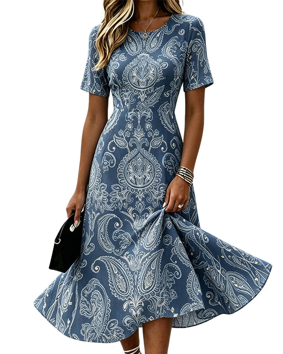 Round Neck Waist Printed A-Line Dress