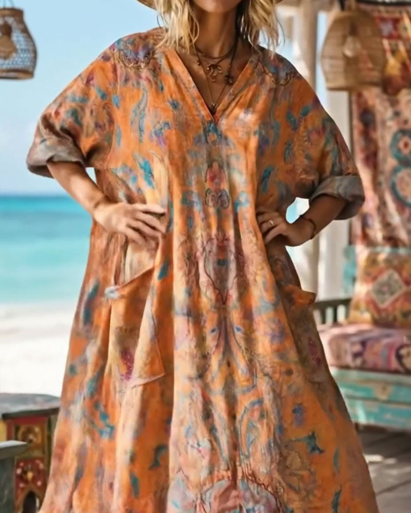 Retro Floral Print V-Neck Maxi Dress