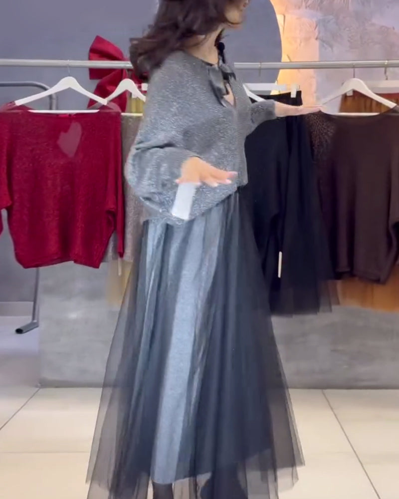 Batwing Sleeve Shimmering Pullover And Skirt