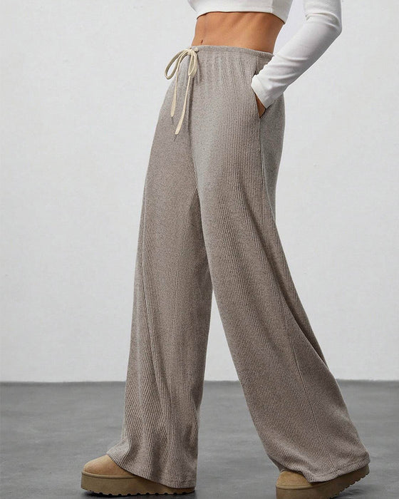 Solid Drawstring Wide-Leg Long Pants