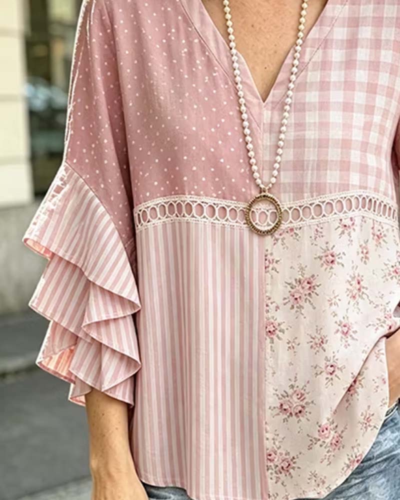 Double Layer Ruffle Sleeves Striped Polka Dot Print Blouse