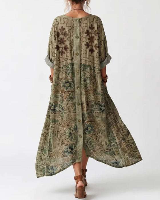V-Neck Button Pocket Long Sleeve Dress