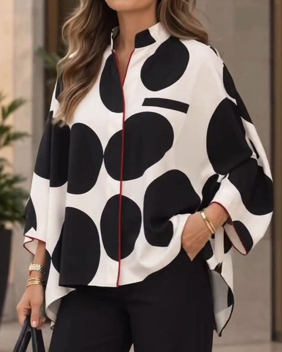 Stand Collar Large Polka Dots Loose Irregular Blouse