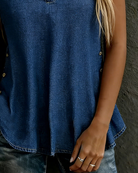 V-Neck Short-Sleeve Denim Button Blouses