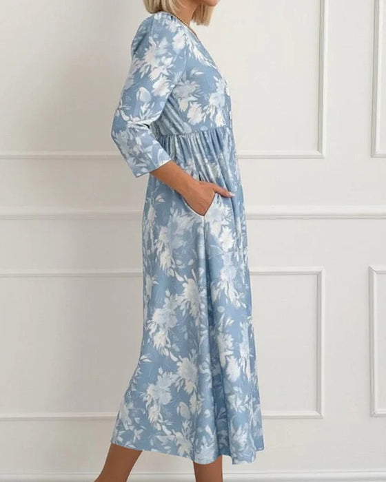 V-Neck Button Floral Shirred Dress