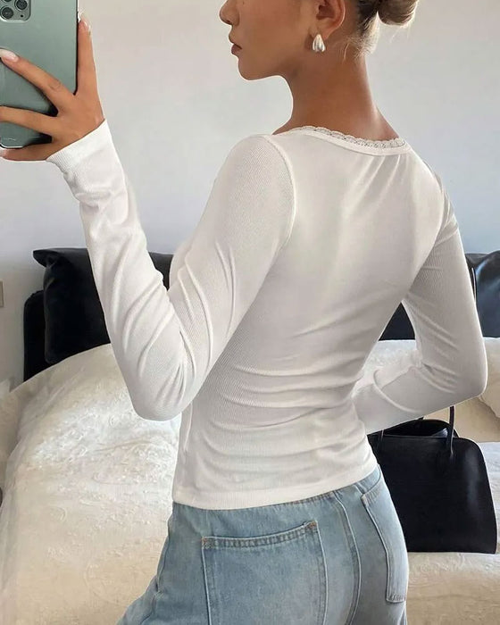 Crew Neck Button Solid Top