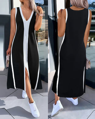 Color-Blocked Sleeveless Slit Maxi Dress