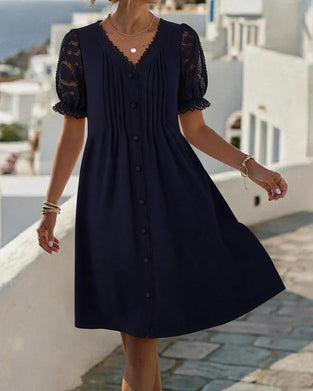 V-Neck Button Shirred Lace Patchwork Dress