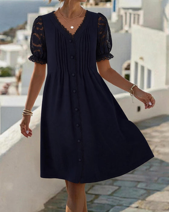V-Neck Button Shirred Lace Patchwork Dress
