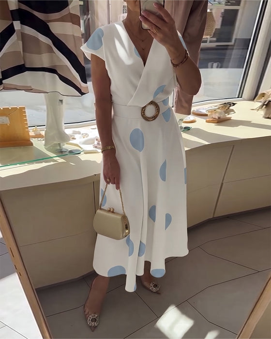 Polka Dot V-Neck Waist-Cinching Dress