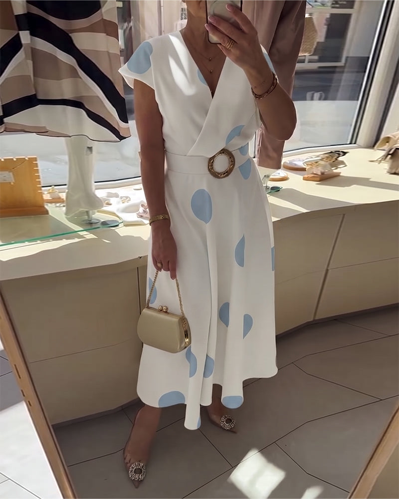 Polka Dot V-Neck Waist-Cinching Dress