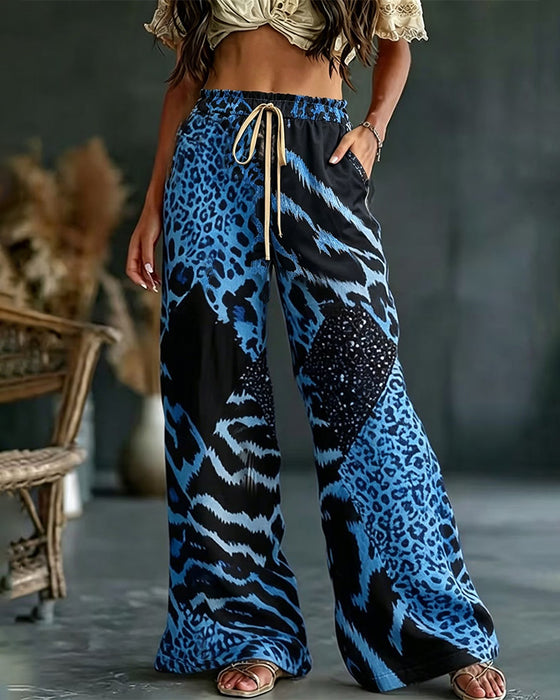 Leopard Print Patchwork Wide Leg Casual Pants