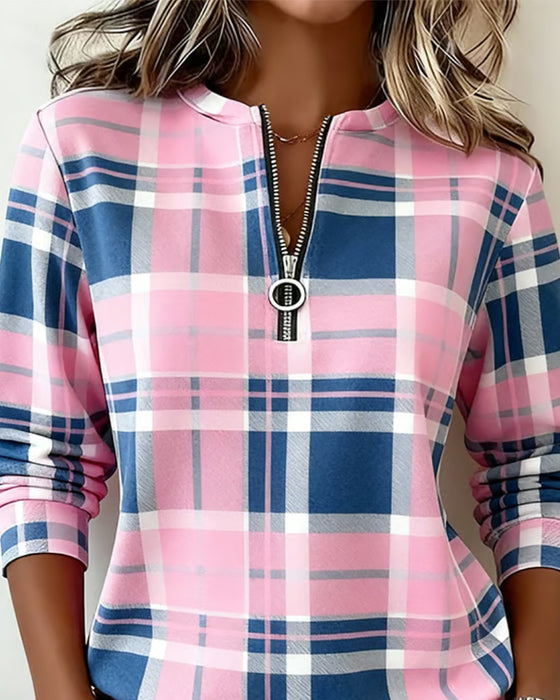 V-Neck Zipper Plaid Contrast Sweatshirt