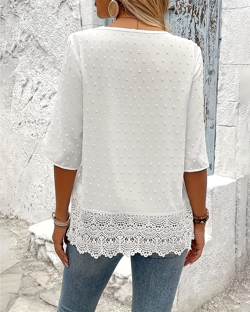 Jacquard Lace Patchwork V-Neck Blouse