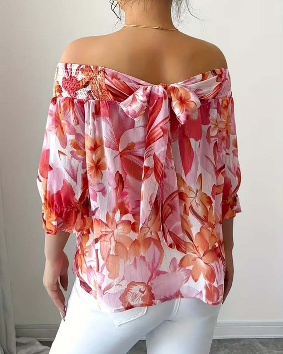 Off-Shoulder Print Bubble Sleeve Blouse