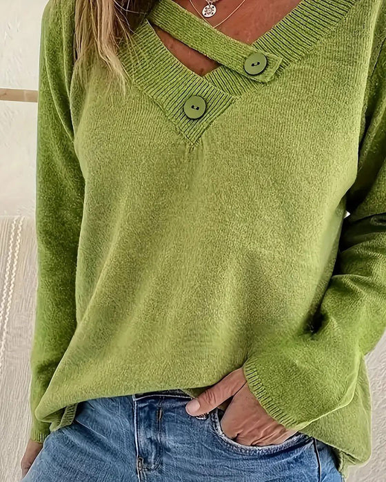 V-Neck Button Solid Color Pullover