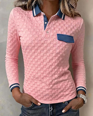 Check Color-Block Long Sleeve Top